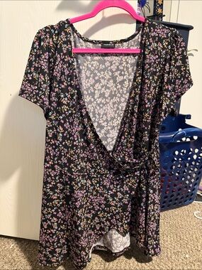 torrid Black Floral Wrap Top with Pink & Blue Blossoms